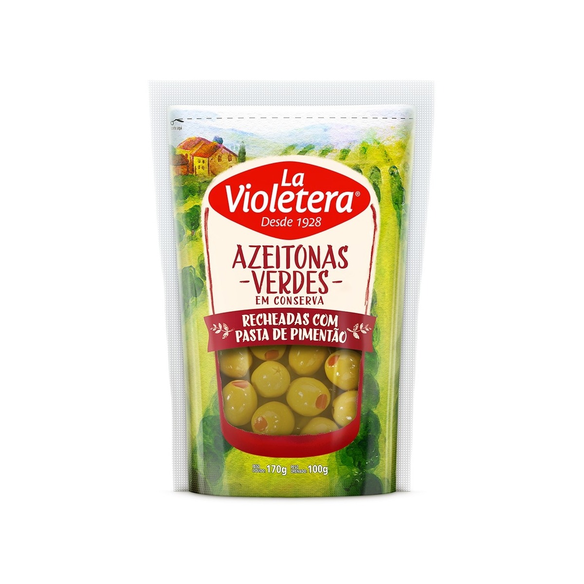 Azeitona verde recheada pasta de pimentão refil doy pack La Violetera 100 gr